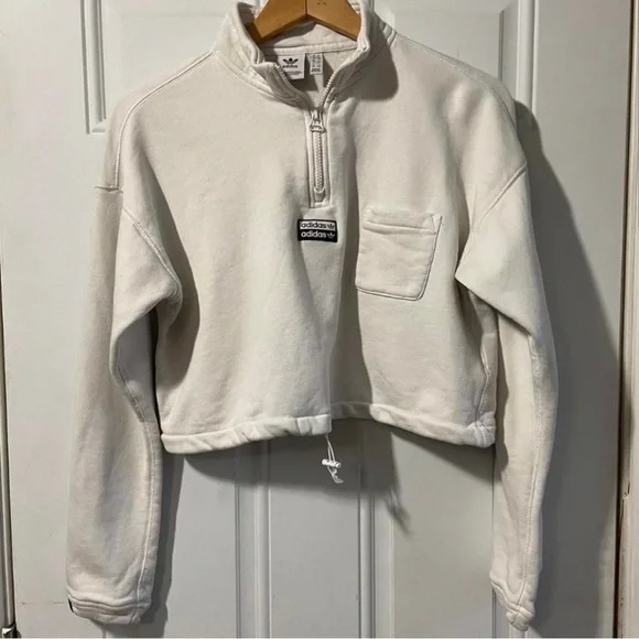 ❌sold❌ Adidas Cropped Sweatshirt White Zip Cord Cinch Waist Large - Picture 1 of 3
